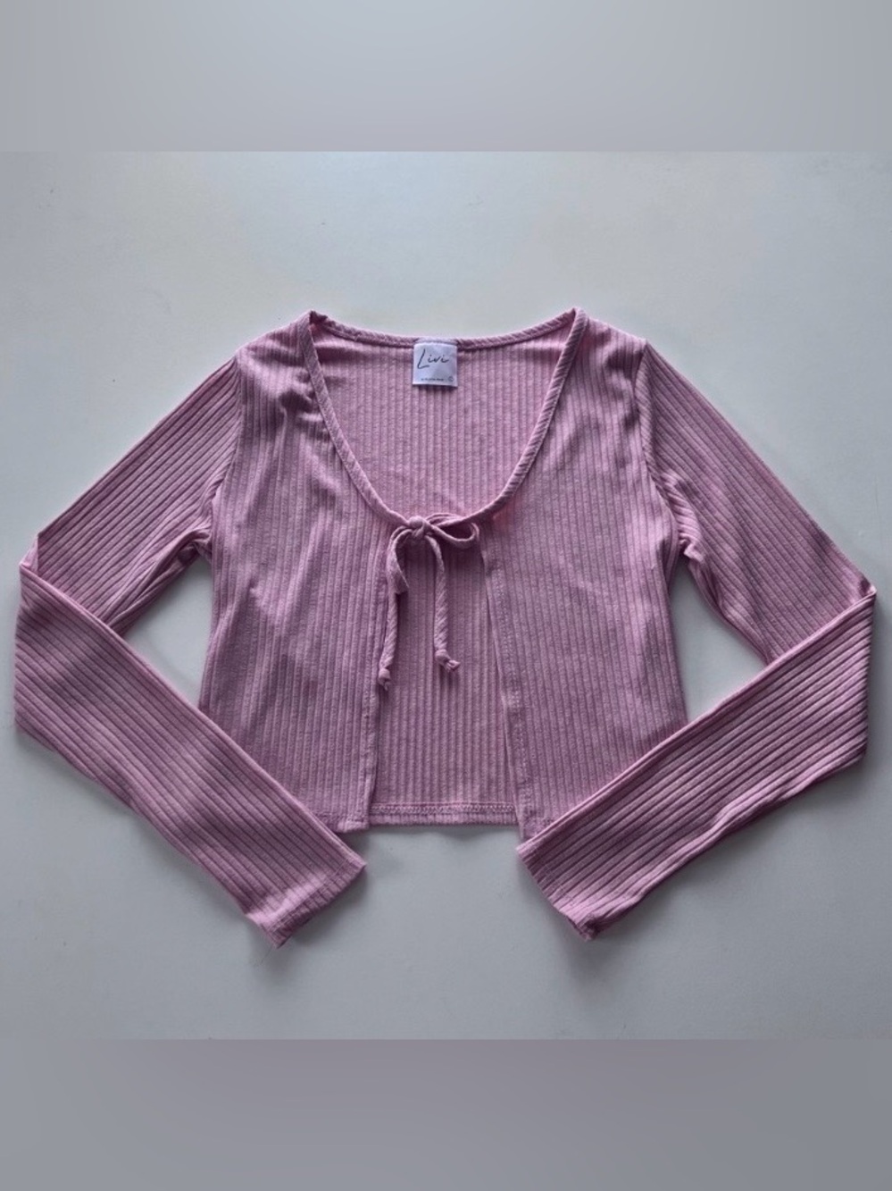 Olivia Rae Baby Pink Ribbed Tie Front Crop Top Long Sleeve Cardigan Women’s S